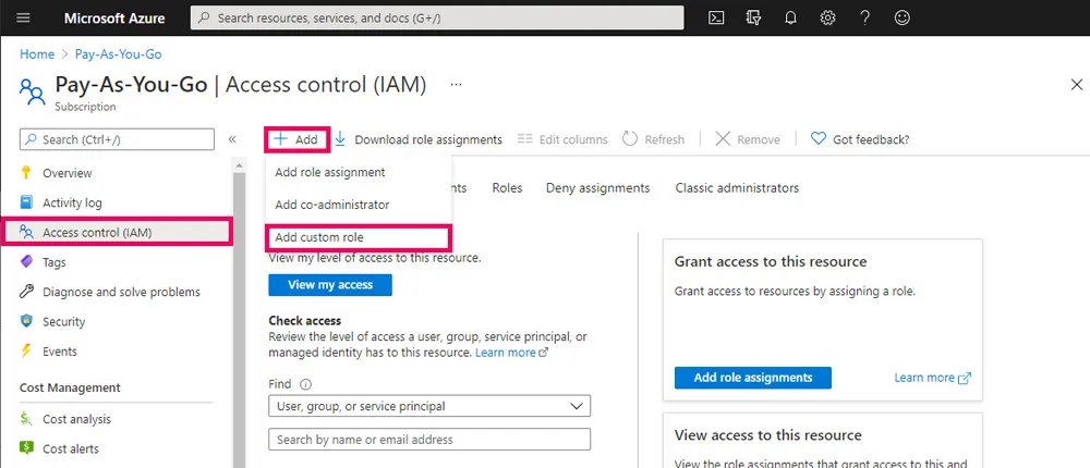 Screenshot of adding a role in the Azure Portal