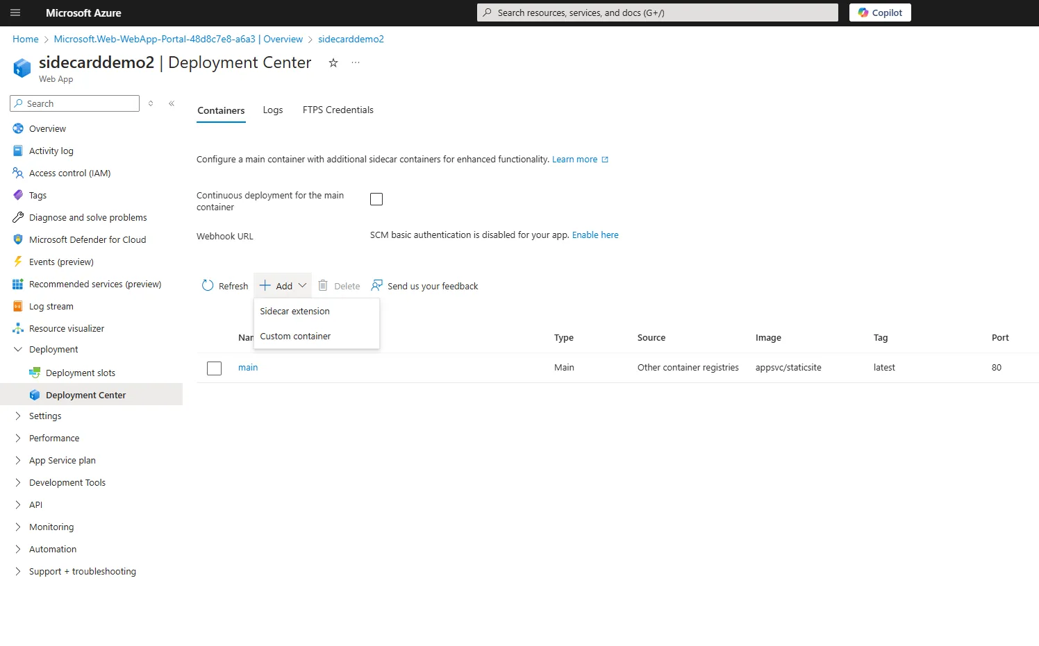 Azure Portal Sidecar Configuration