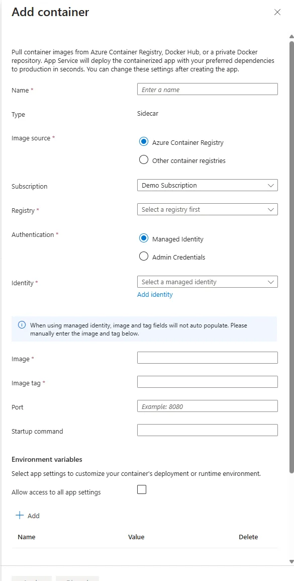 Azure Portal Sidecar Containers