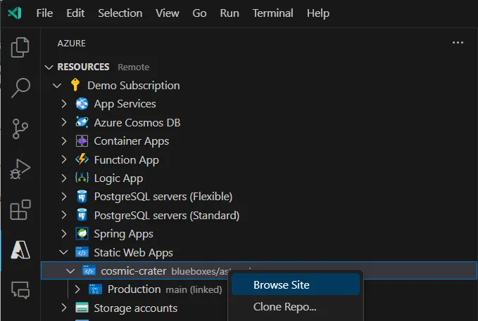 Screenshot of the Azure VS Code extension