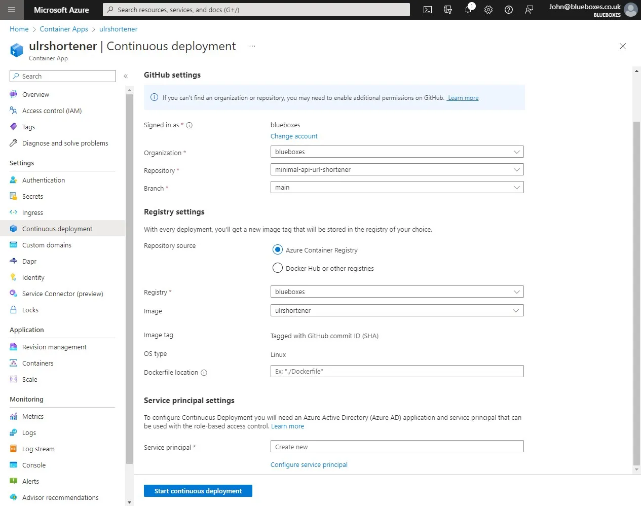 Screen shot of Azure Container Apps Continuous Deployment