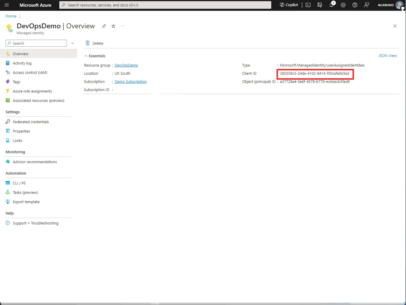 Screenshot of Azure portal showing the client ID