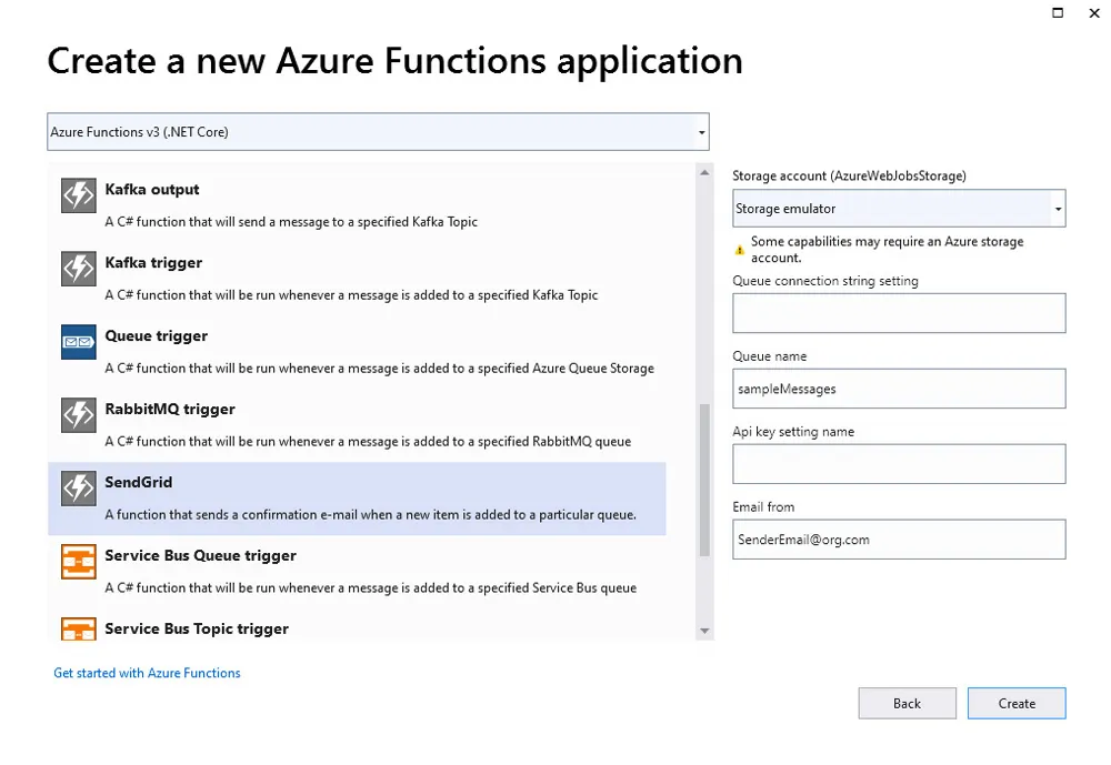 Screenshot of Visual Studio Create Function