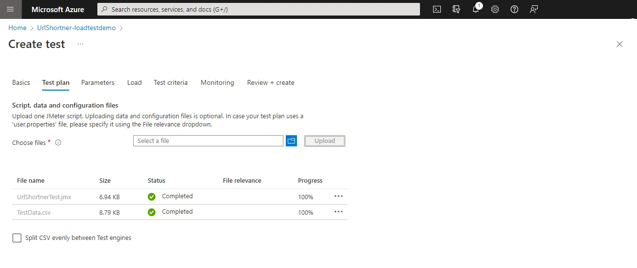 Azure Load Test Screenshot of Uploading CSV file