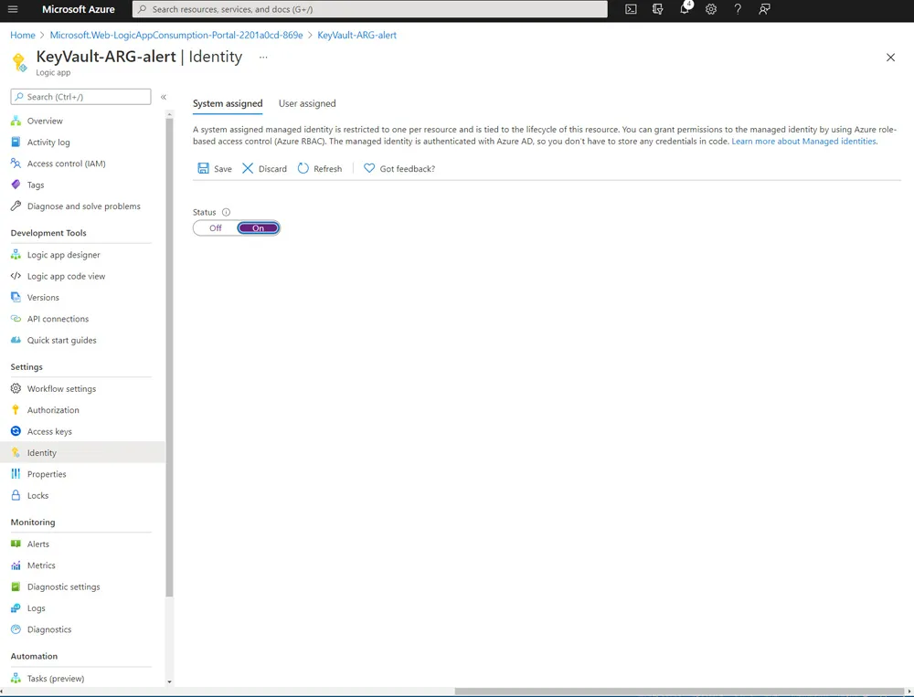 Screenshot of Azure Website showing the identity option
