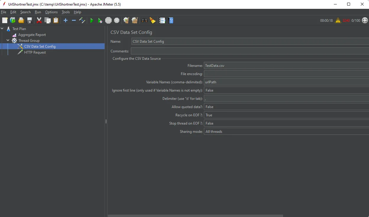 JMeter Screenshot of CSV Configuration