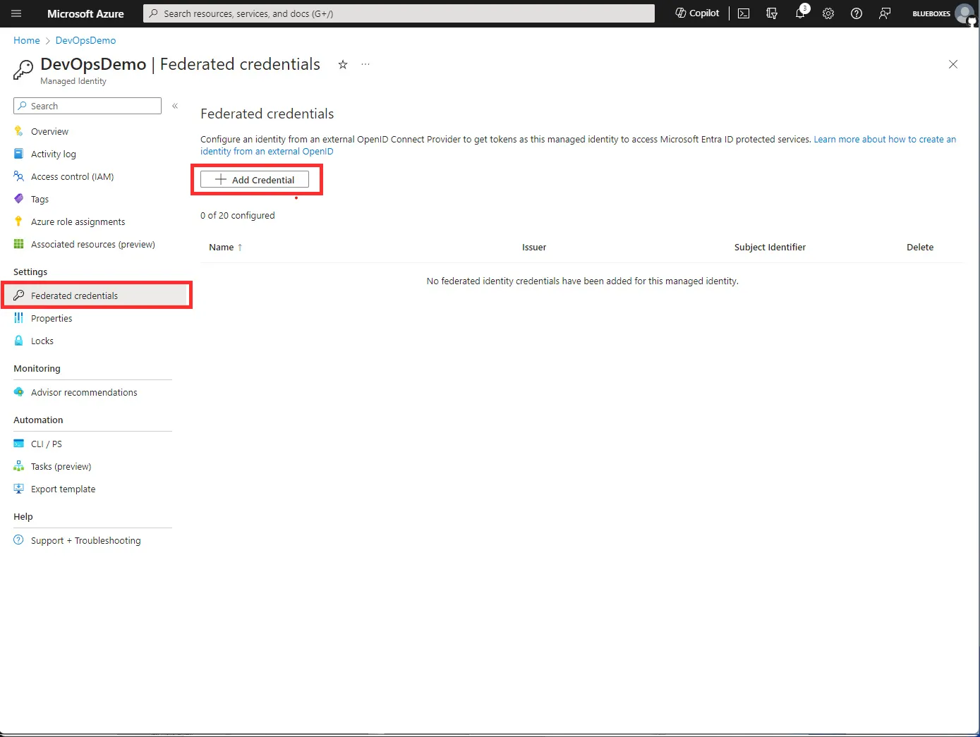 Screenshot of Azure highlighting how to find Federated Credentials on the managed identity
