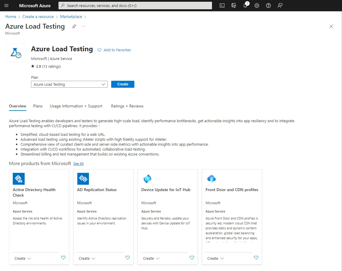 Load Testing Resource Screenshot from the Azure Portal