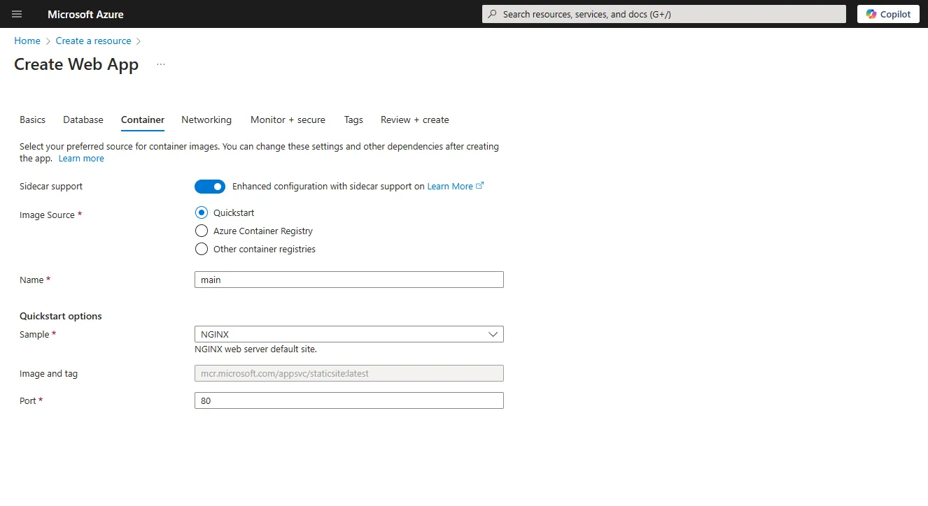 Azure Portal Sidecar Configuration