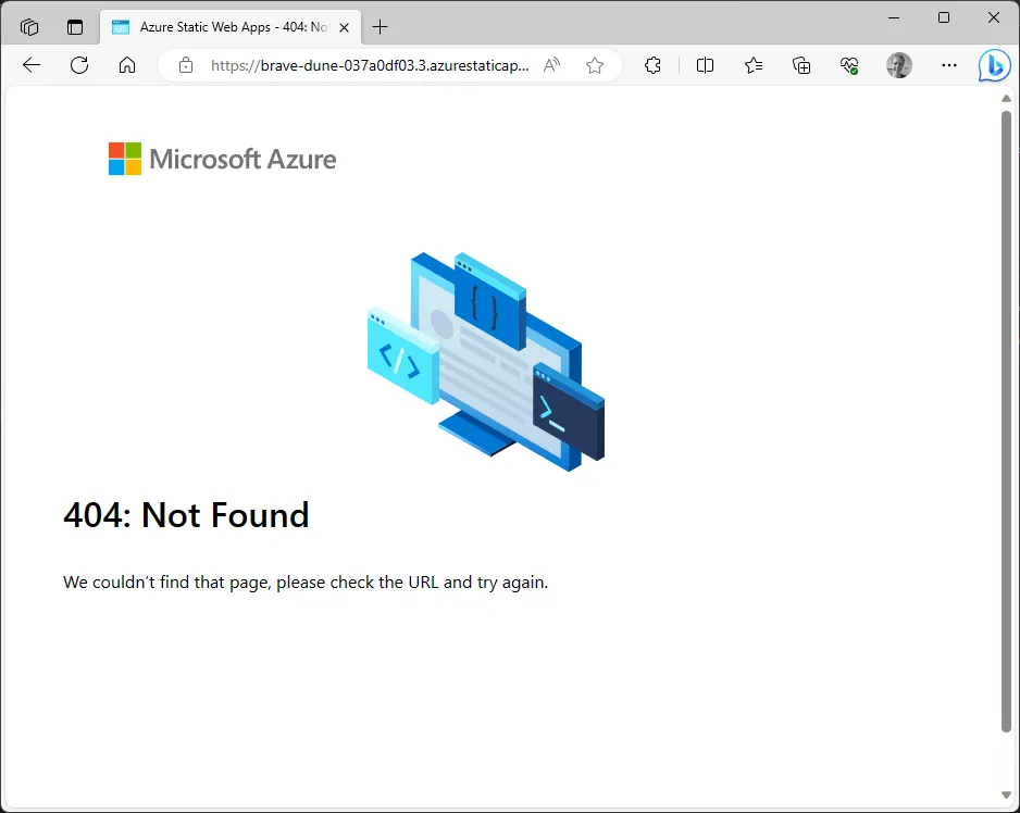 Screenshot of the Azure not found page