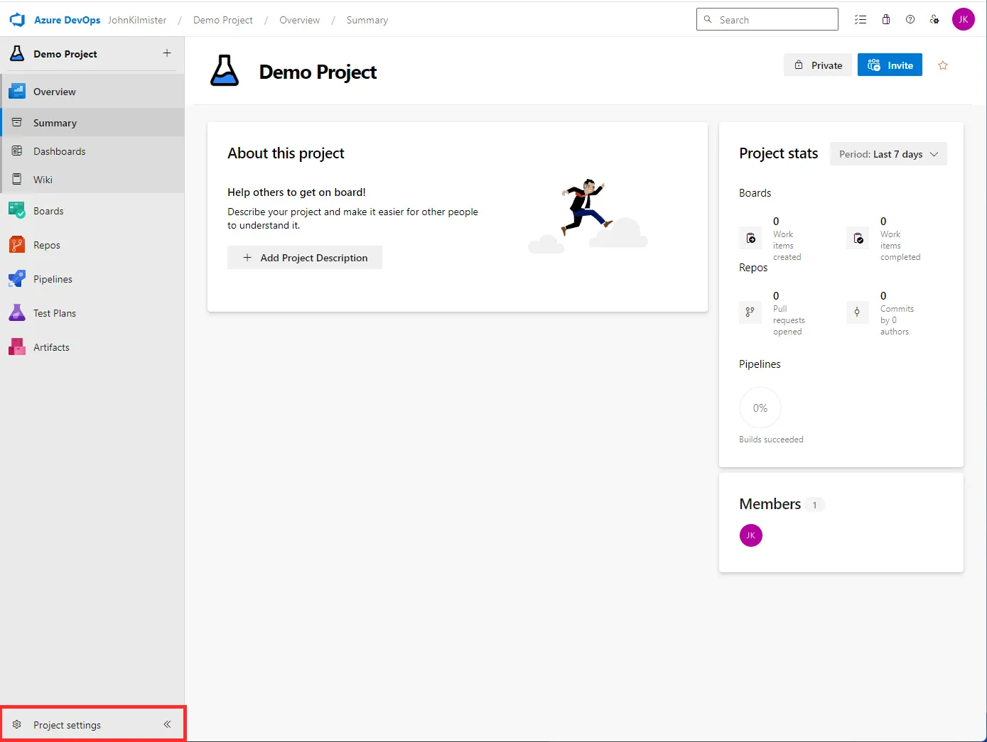 Screenshot of Azure DevOps highlighting how to find settings