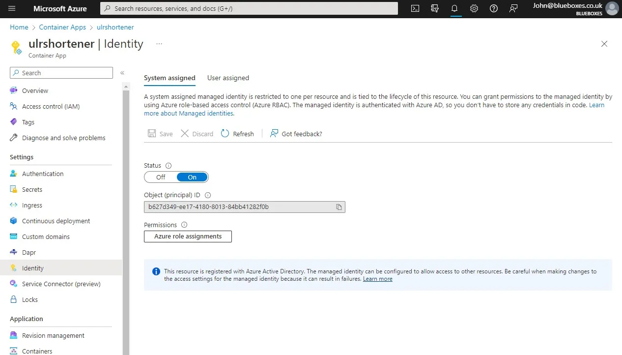 Screen shot of Azure Container Apps Managed Id