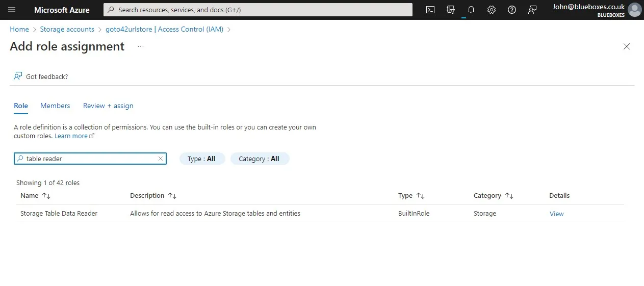 Screen shot of Azure Blob storage permissions