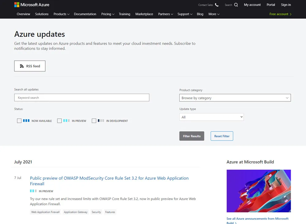 Screenshot of Azure update website